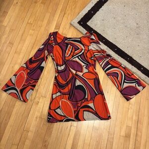 Orange Purple Cream 60’s Groovy Print Mini Shift Dress